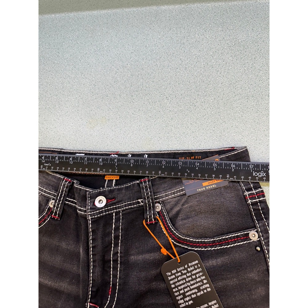 True Rebel 900 Series Lando Black Slim Fit Jeans Red White Stitch 36x30 808 NEW - Picture 10 of 10